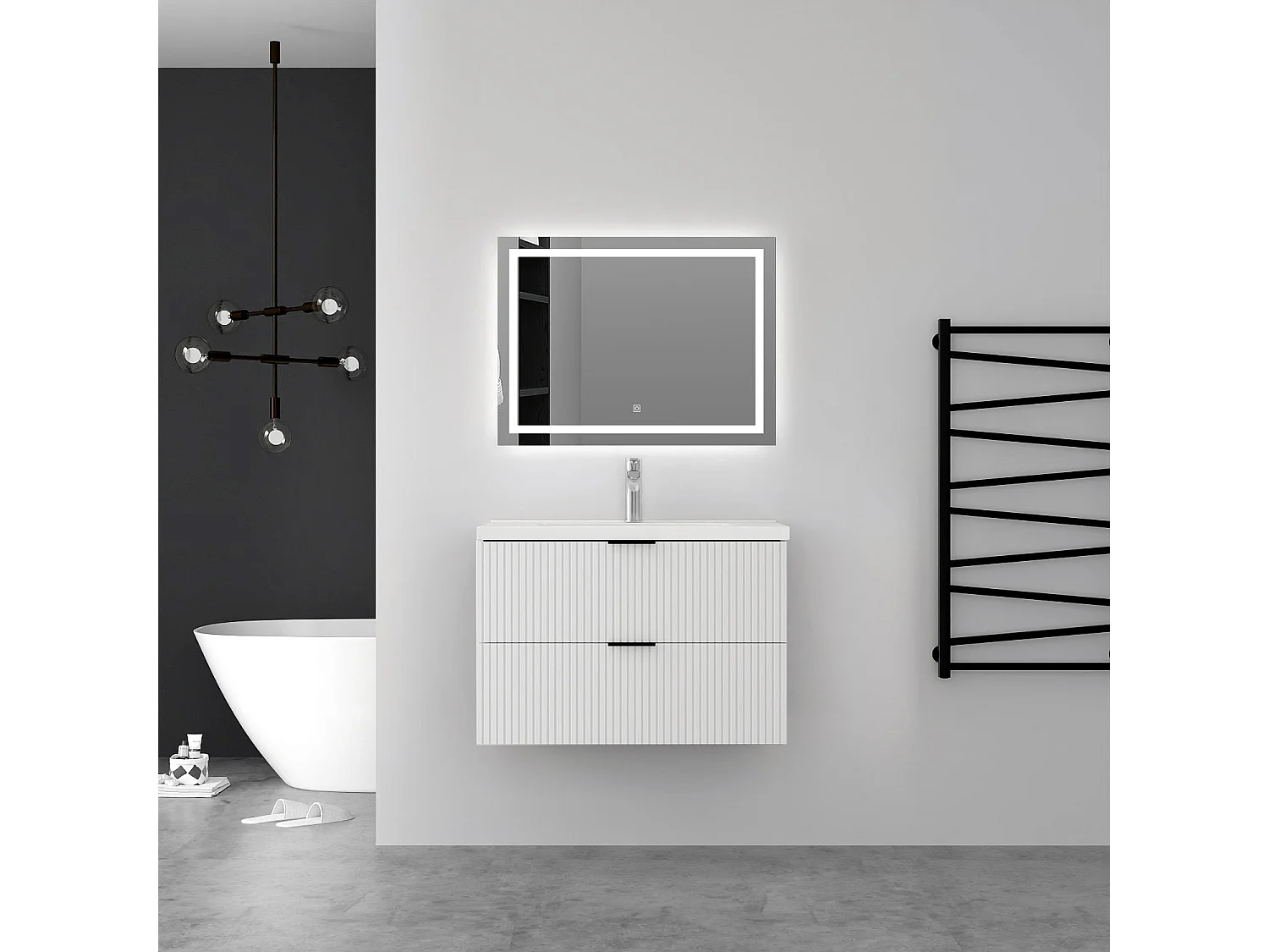 Aica Meuble de salle de bain suspendu 80 cm Blanc + 2 tiroirs, avec Vasque + Miroir LED