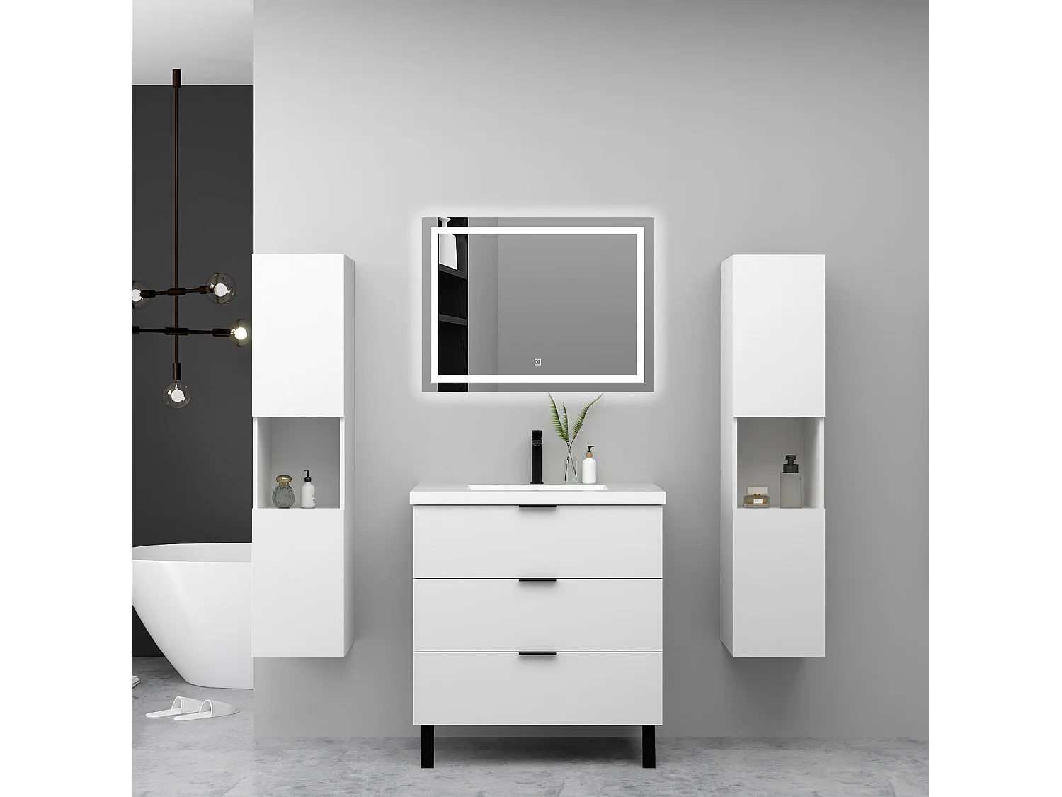 Ensemble meuble blanc et lavabo L.100cm 3 tiroirs avec fermeture amortie + 2*colonne haute + miroir LED