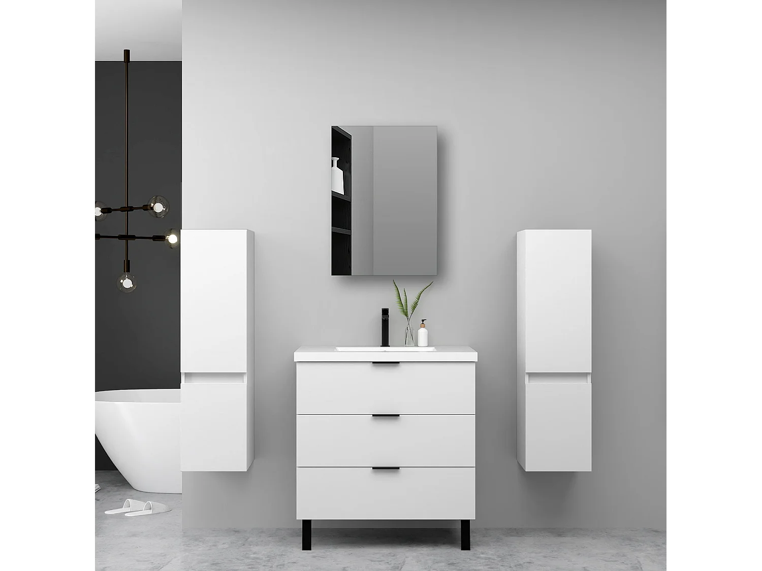 Ensemble meuble blanc et lavabo L.60cm 3 tiroirs + 2*colonne haute + Armoire salle de bain avec miroir