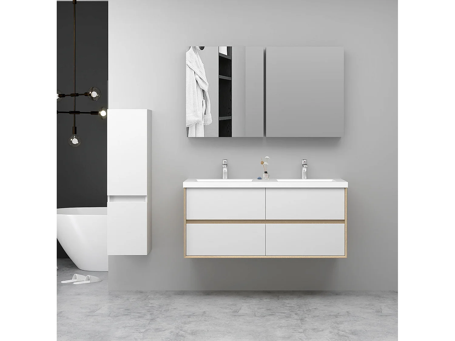 AICA Ensemble Meuble Salle de Bain Suspendu 120cm, Blanc + Chêne, Meuble 4 tiroirs + Lavabo + Armoire salle de bain avec miroir + Colonne