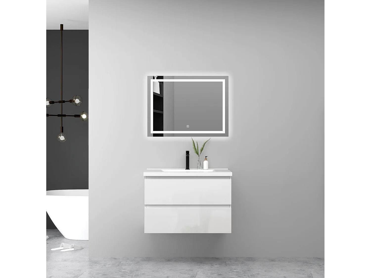 Ensemble Meuble Salle de Bain Suspendu 80cm Blanc Brillant avec 2 Tiroirs à Fermeture Automatique et Simple Lavabo Céramique et Miroir Tricolore