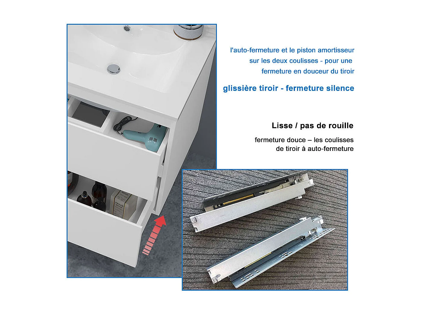 Ensemble Meuble Salle de Bain Suspendu 80cm Blanc Brillant avec 2 Tiroirs à Fermeture Automatique et Simple Lavabo Céramique et Miroir Tricolore