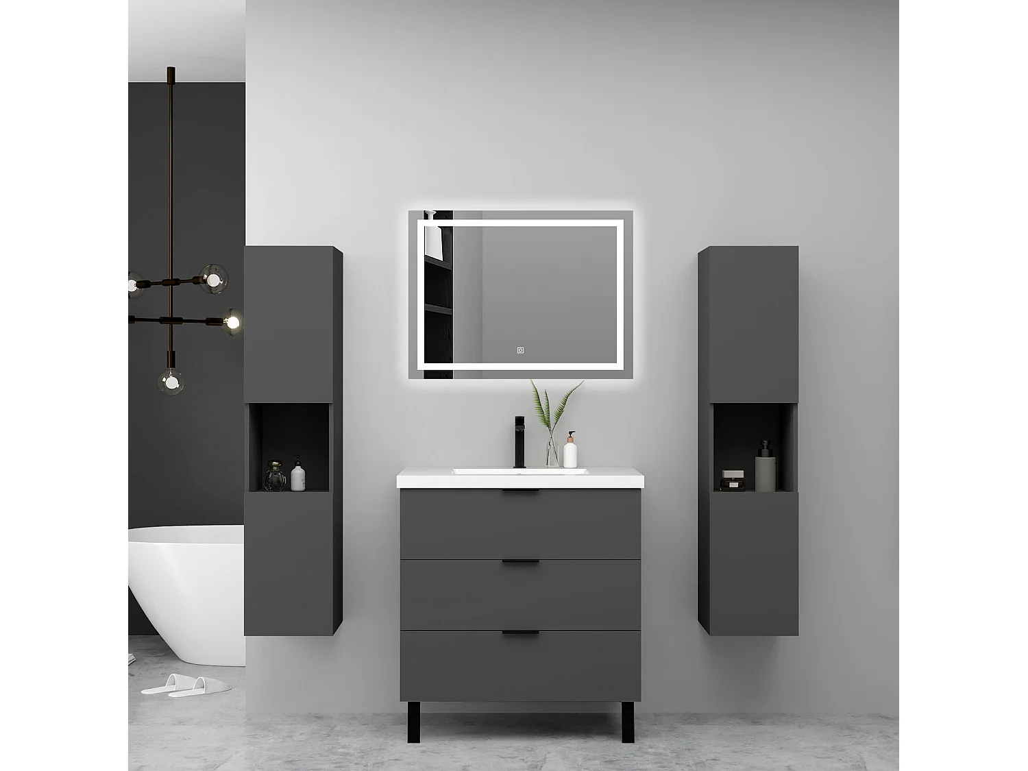 Ensemble meuble anthracite et lavabo L.80cm 3 tiroirs avec fermeture amortie + 2*colonne haute + miroir LED