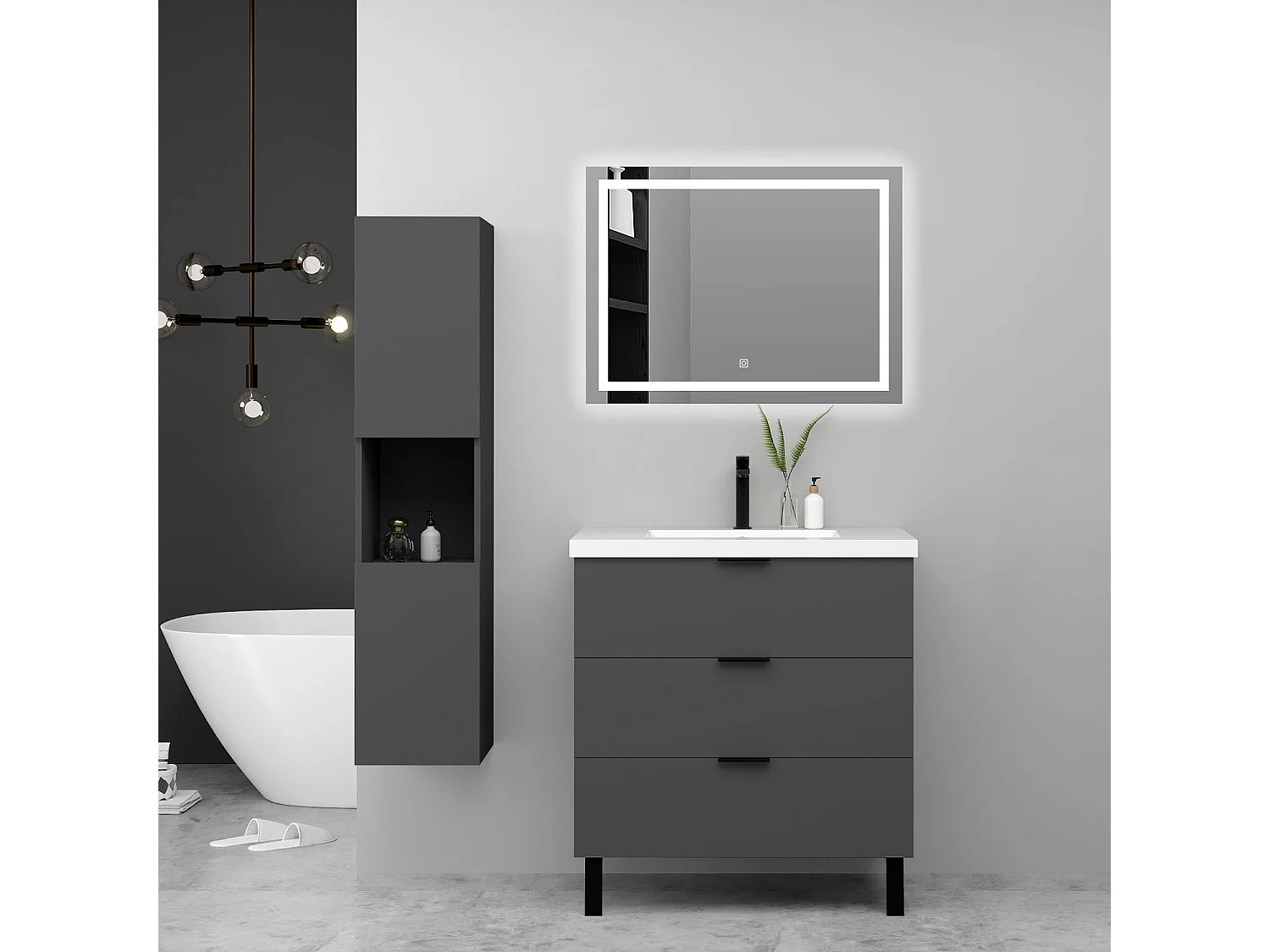 Ensemble meuble anthracite et lavabo L.80cm 3 tiroirs avec fermeture amortie + colonne haute + miroir LED