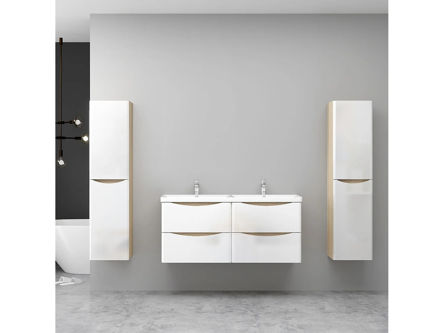 AICA Ensemble Meuble Salle de Bain Brillant Suspendu 120cm, Blanc + Chêne, Meuble 4 tiroirs + Lavabo + 2Colonne