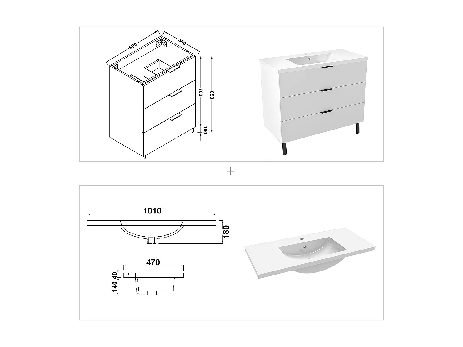 Ensemble meuble blanc et lavabo L.100cm 3 tiroirs avec fermeture amortie + colonne haute + miroir LED