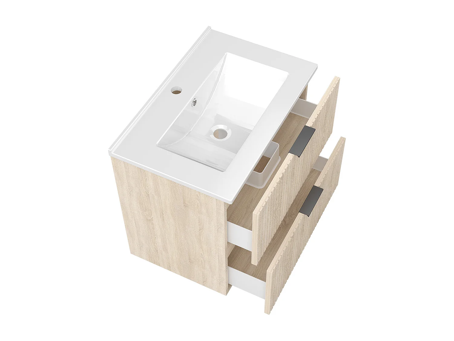 Aica Meuble de salle de bain suspendu 60 cm Chêne + 2 tiroirs, avec Vasque + Miroir LED