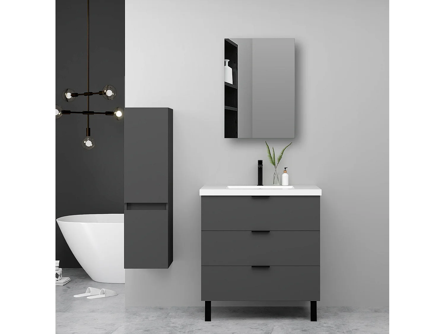 Ensemble meuble anthracite et lavabo L.80cm 3 tiroirs + colonne haute + Armoire salle de bain avec miroir