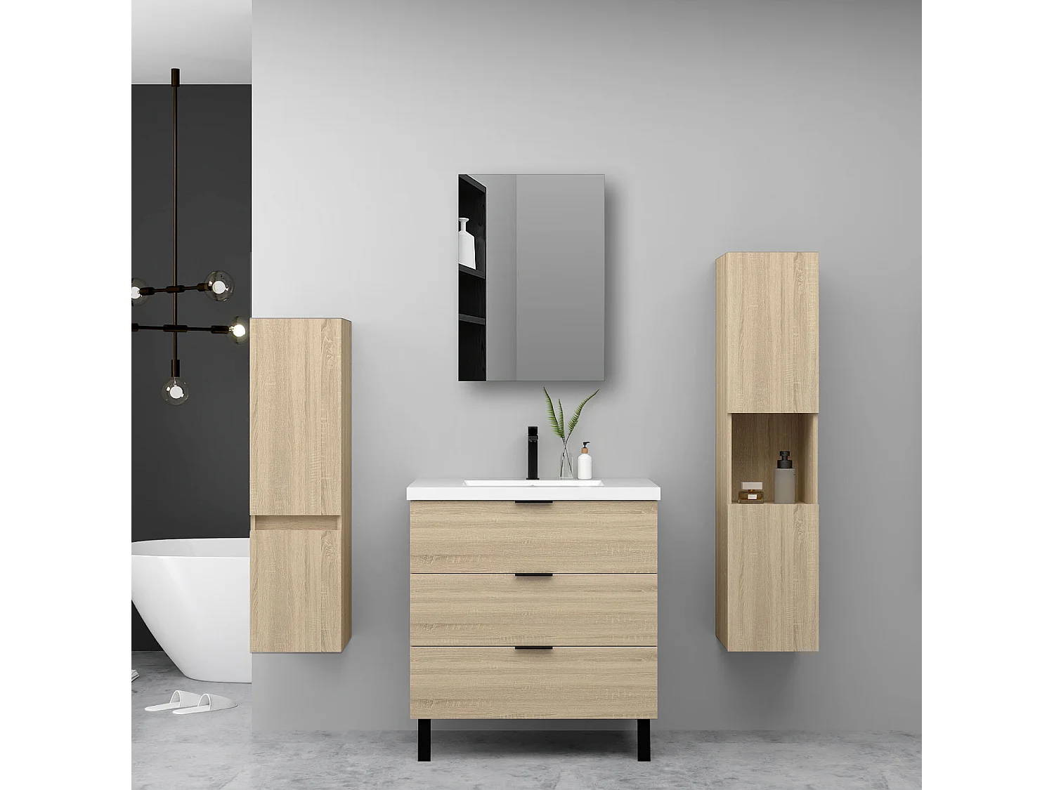 Ensemble meuble chêne et lavabo L.60cm 3 tiroirs avec fermeture amortie + 2*colonne + Armoire salle de bain avec miroir