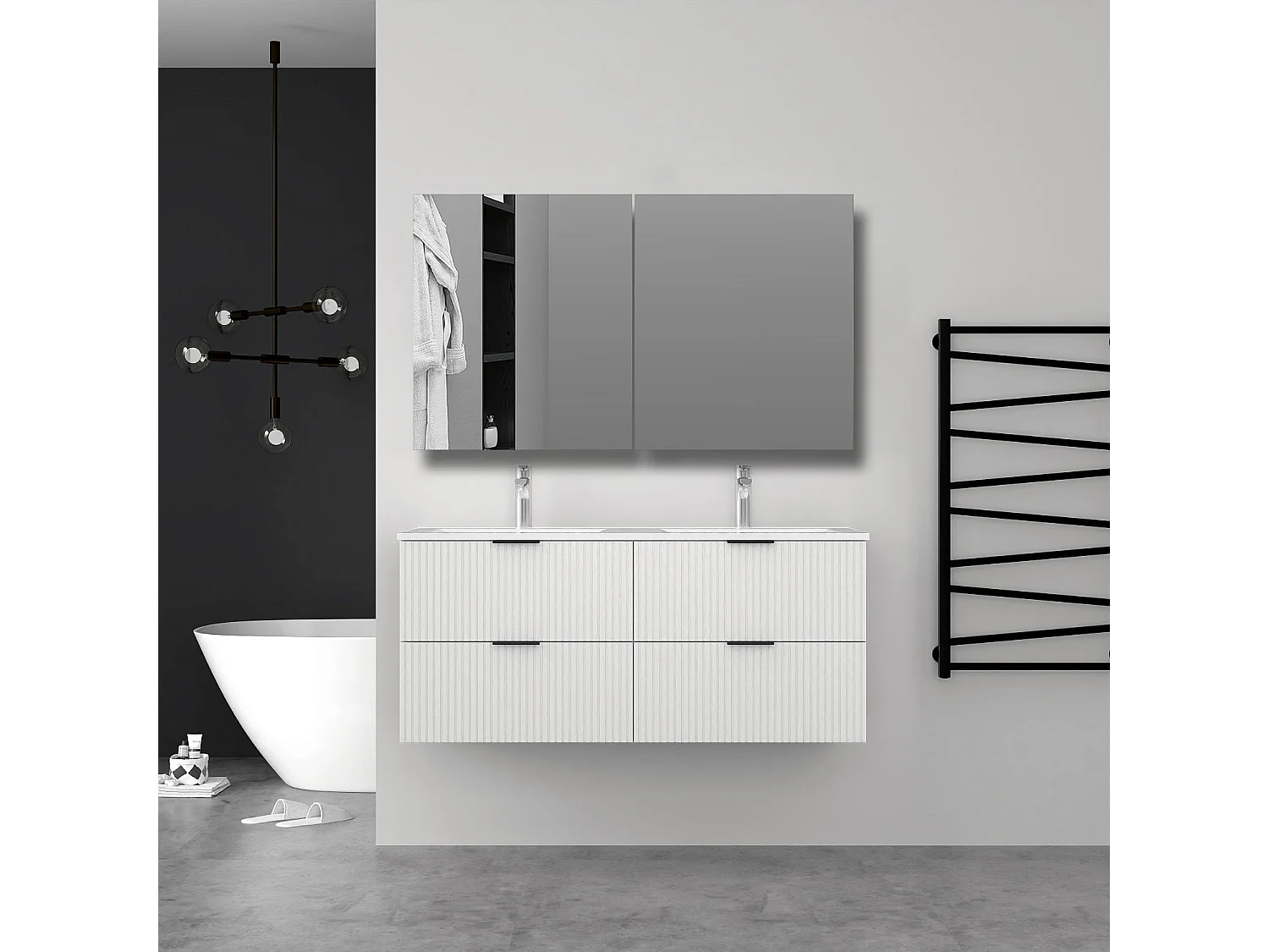 Aica Meuble de salle de bain suspendu 120 cm Blanc + 4 tiroirs, avec Vasque + Armoire salle de bain avec miroir