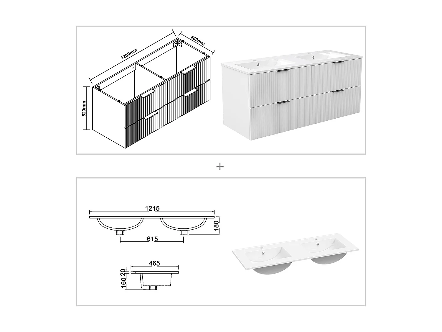 Aica Meuble de salle de bain suspendu 120 cm Blanc + 4 tiroirs, avec Vasque + Armoire salle de bain avec miroir