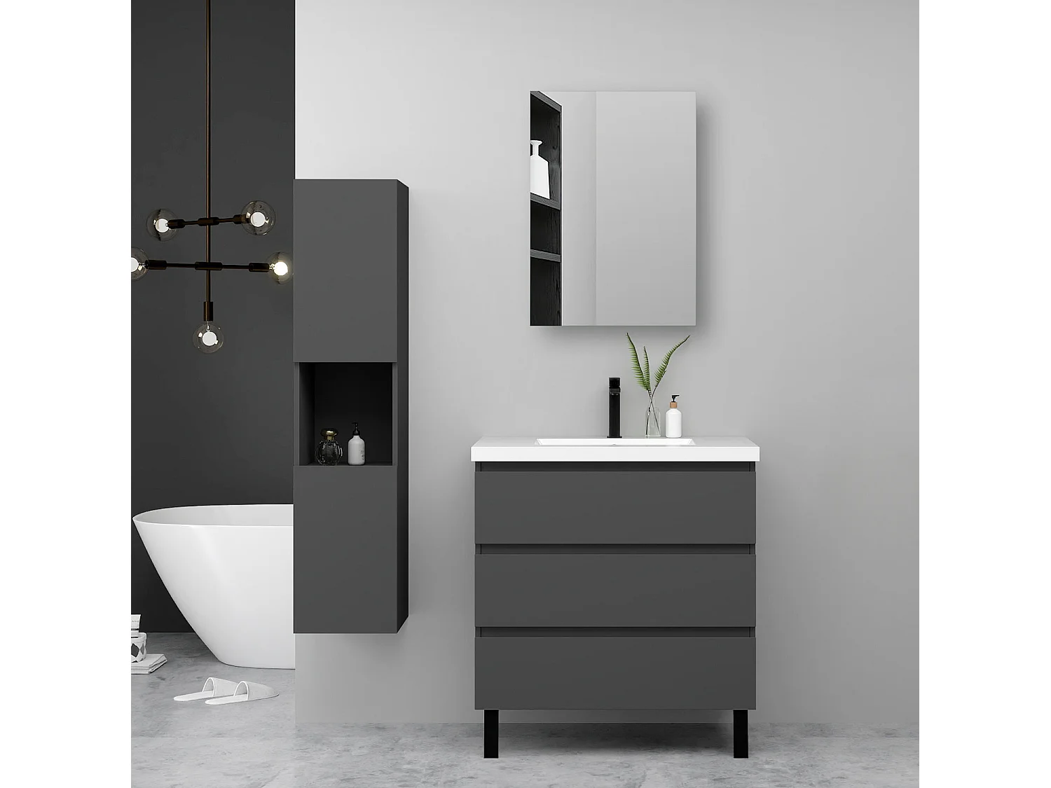 Ensemble meuble anthracite et vasque L.60cm 3 tiroirs avec fermeture amortie + colonne haute + Armoire salle de bain avec miroir