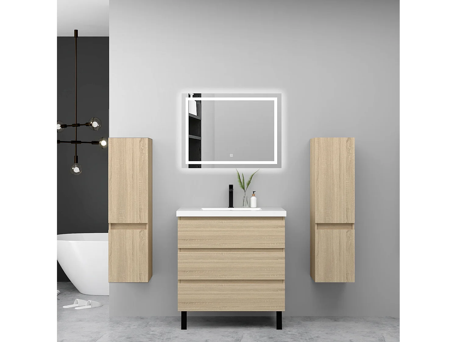 Ensemble meuble chêne et vasque L.80cm 3 tiroirs + 2*colonne haute + miroir LED