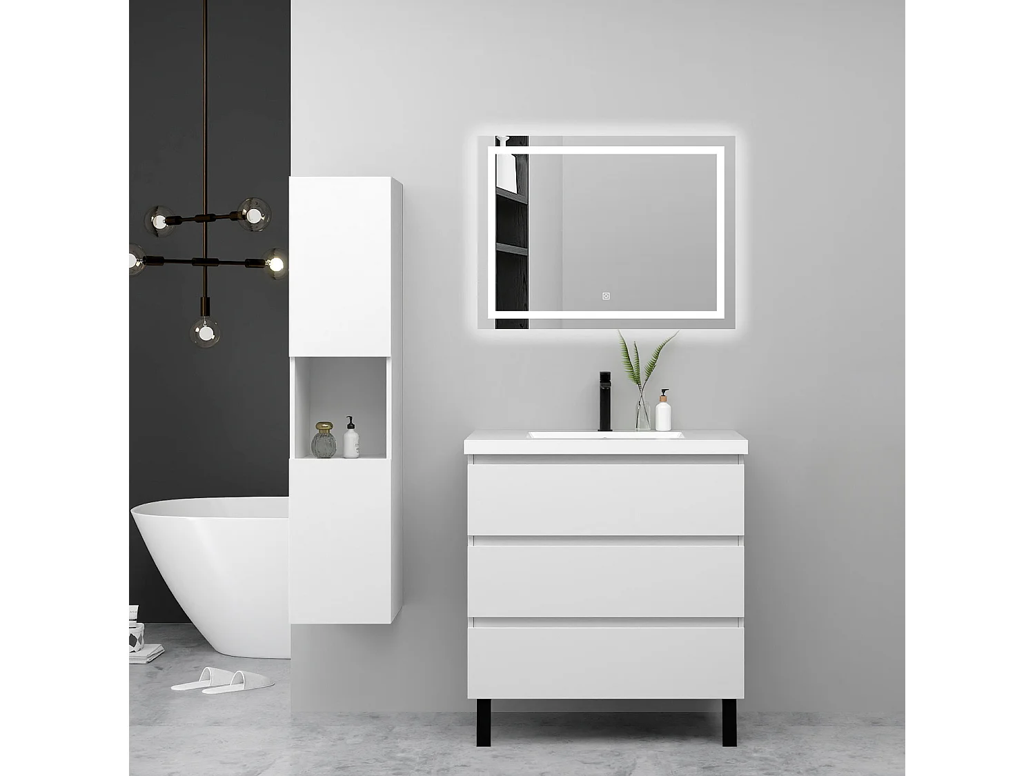Ensemble meuble blanc et vasque L.80cm 3 tiroirs avec fermeture amortie + colonne haute + miroir LED