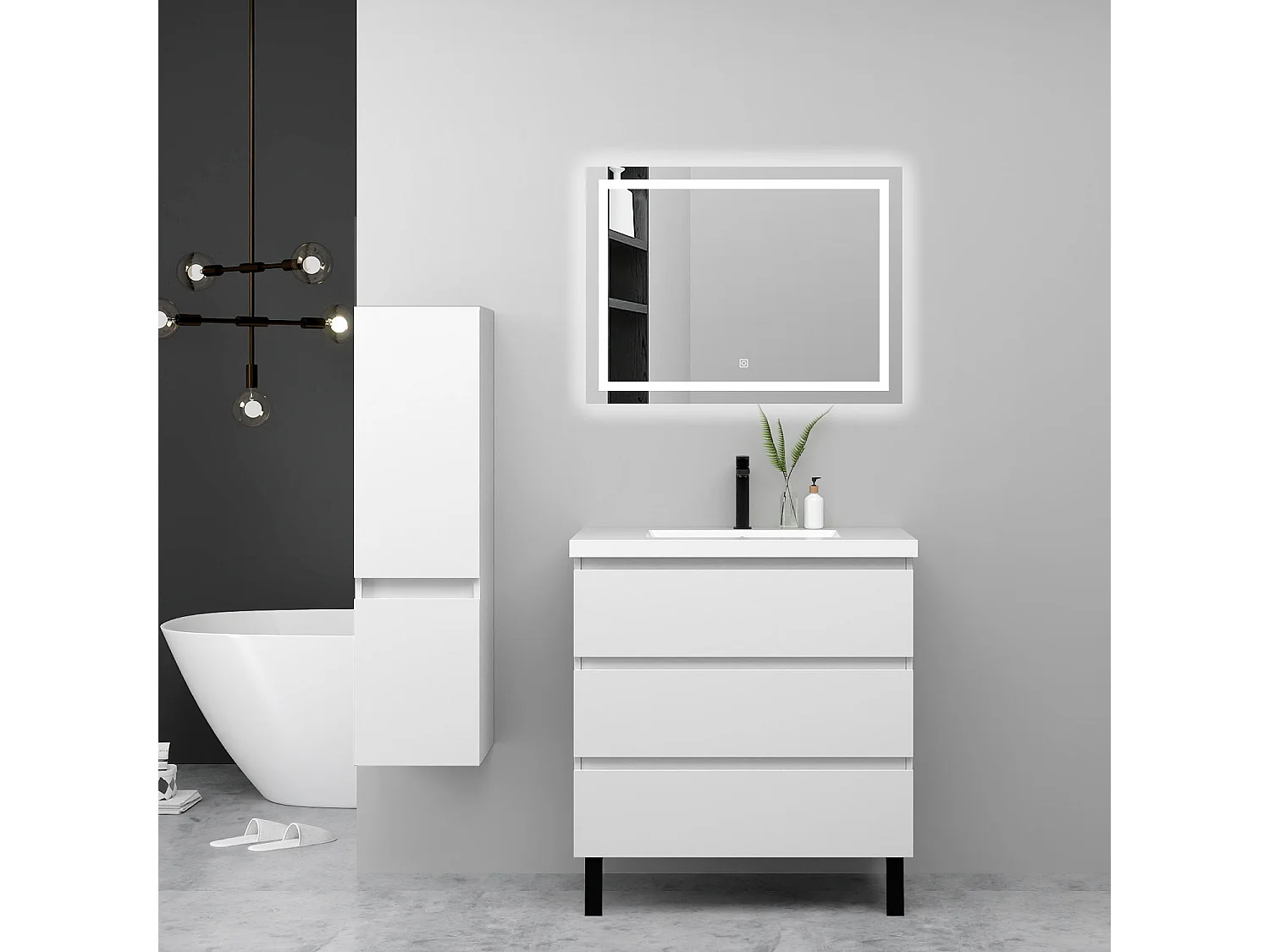 Ensemble meuble blanc et vasque L.60cm 3 tiroirs + colonne haute + miroir LED