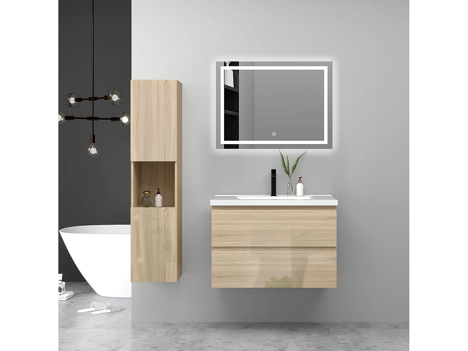 Ensemble Meuble Salle de Bain Suspendu 80cm Chêne Brillant avec 2 Tiroirs à Fermeture Automatique + Miroir Tricolore + Simple Lavabo Céramique + Colonne