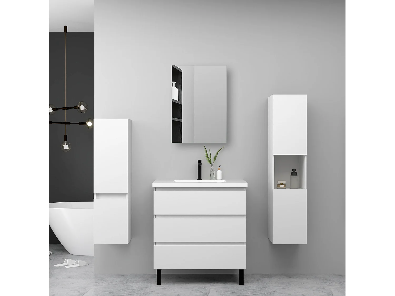 Ensemble meuble blanc et vasque L.80cm 3 tiroirs avec fermeture amortie + 2*colonne + Armoire salle de bain avec miroir