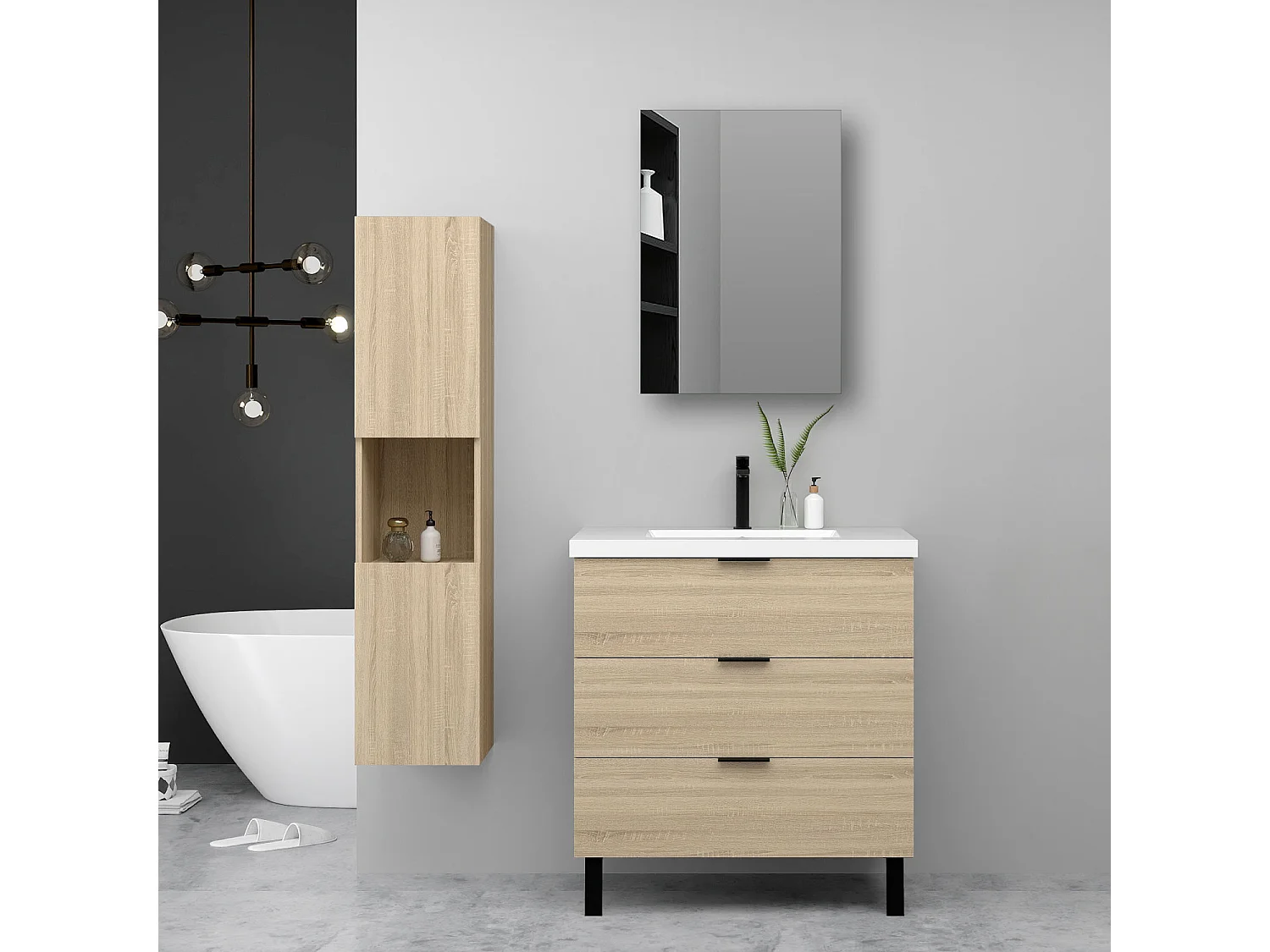 Ensemble meuble chêne et lavabo L.60cm 3 tiroirs avec fermeture amortie + colonne haute + Armoire salle de bain avec miroir