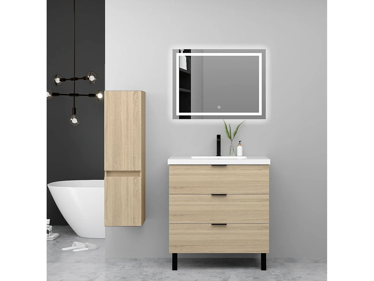 Ensemble meuble chêne et lavabo L.80cm 3 tiroirs + colonne haute + miroir LED
