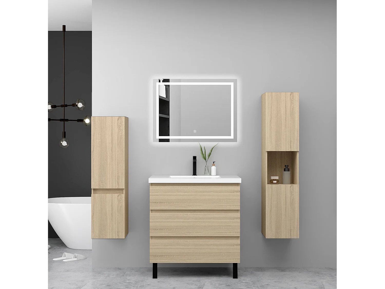 Ensemble meuble chêne et vasque L.60cm 3 tiroirs avec fermeture amortie + 2*colonne + miroir LED