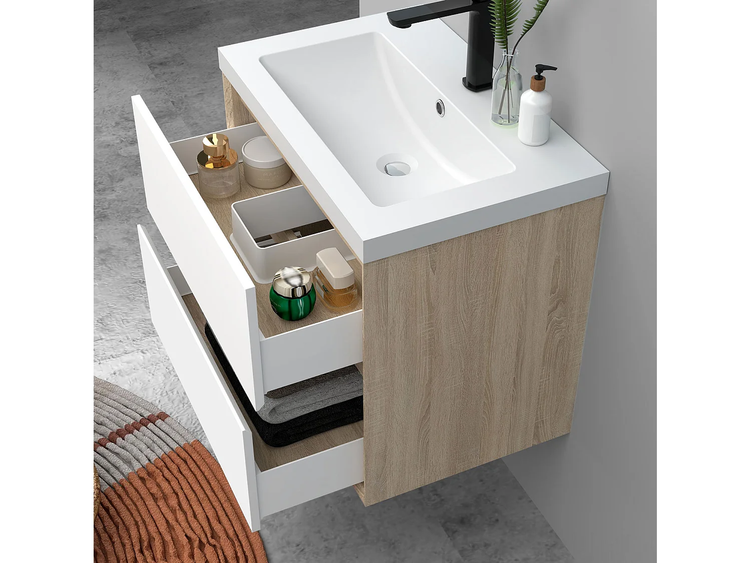 AICA Ensemble Meuble Salle de Bain Suspendu 60cm, Blanc + Chêne, Meuble 2 tiroirs + Vasque + Armoire salle de bain avec miroir + 2 Colonne haute