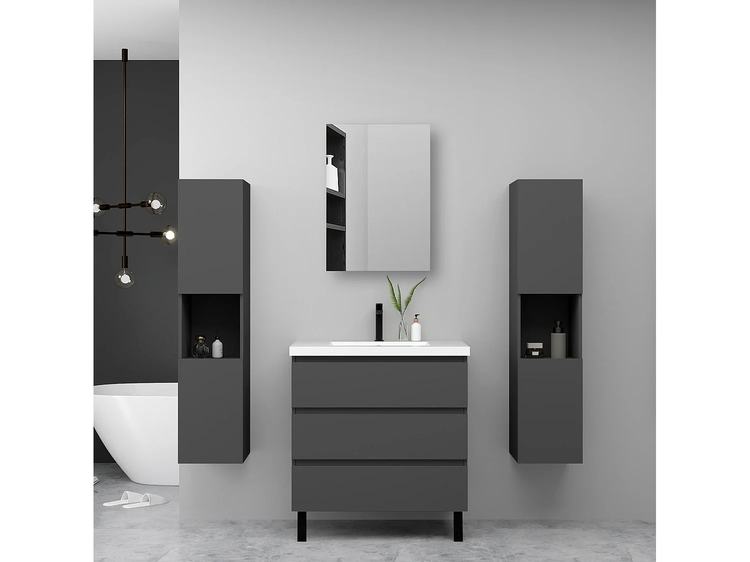 Ensemble meuble anthracite et vasque L.60cm 3 tiroirs avec fermeture amortie + 2*colonne haute + Armoire salle de bain avec miroir