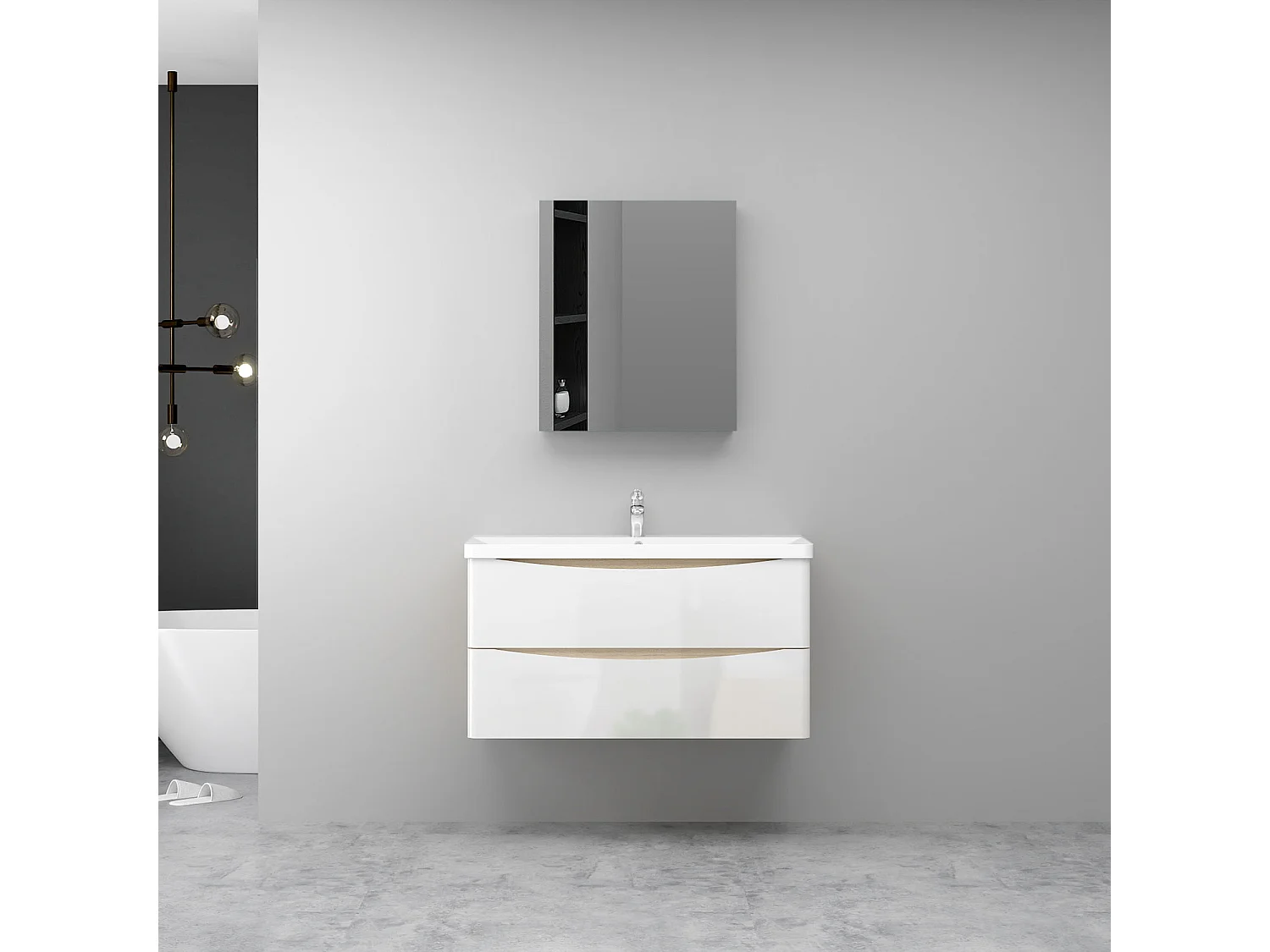 AICA Ensemble Meuble Salle de Bain Brillant Suspendu 100cm, Blanc + Chêne, Meuble 2 tiroirs + Lavabo + Armoire salle de bain avec miroir