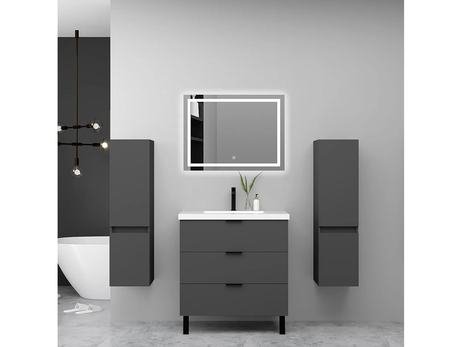 Ensemble meuble anthracite et lavabo L.80cm 3 tiroirs + 2*colonne haute + miroir LED