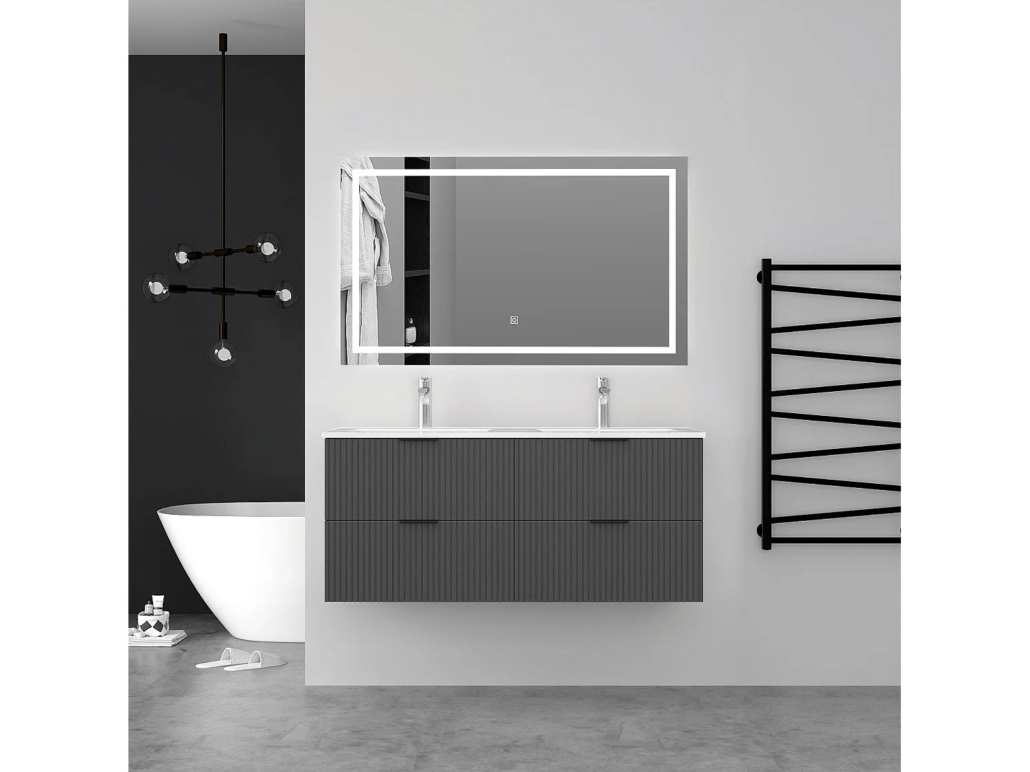 Aica Meuble de salle de bain suspendu 120 cm Anthracite + 4 tiroirs, avec Vasque + Miroir LED
