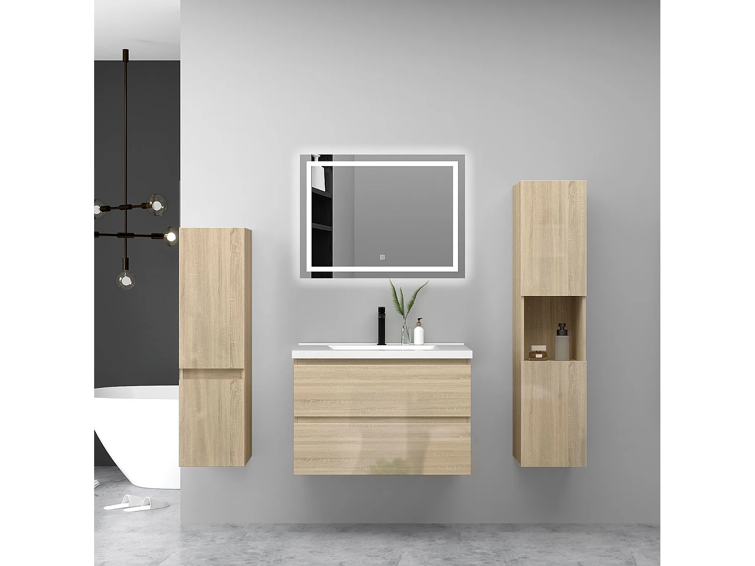 Ensemble Meuble Salle de Bain Suspendu 80cm Chêne Brillant avec 2 Tiroirs à Fermeture Automatique + Miroir Tricolore + Simple Vasque Céramique + 2*Colonne Haute