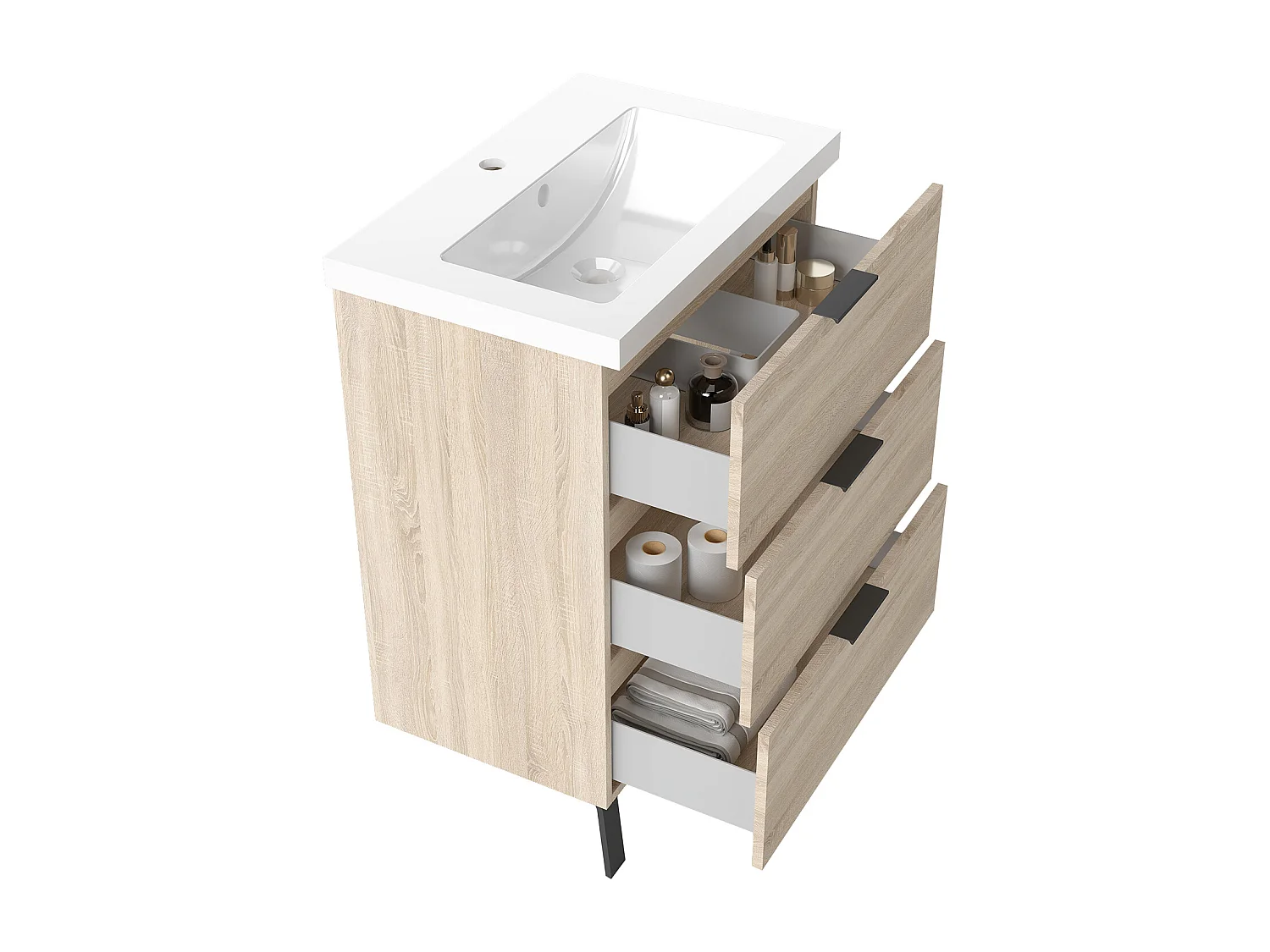 Meuble de salle de bain avec lavabo, 60cm, 3 tiroirs avec fermeture amortie + miroir LED, meuble chêne