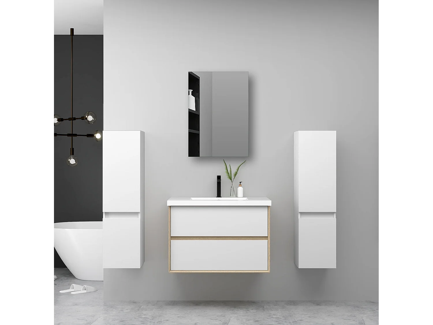 AICA Ensemble Meuble Salle de Bain Suspendu 80cm, Blanc + Chêne, Meuble 2 tiroirs + Lavabo + Armoire salle de bain avec miroir + 2 Colonne