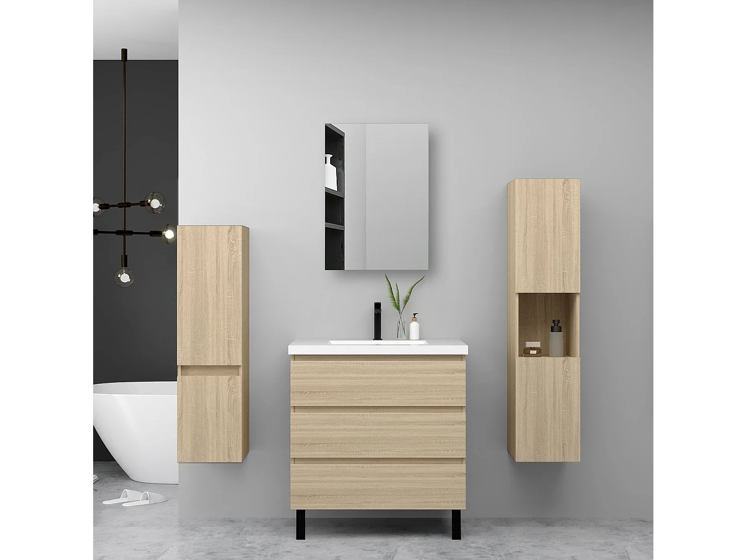 Ensemble meuble chêne et vasque L.60cm 3 tiroirs avec fermeture amortie + 2*colonne + Armoire salle de bain avec miroir