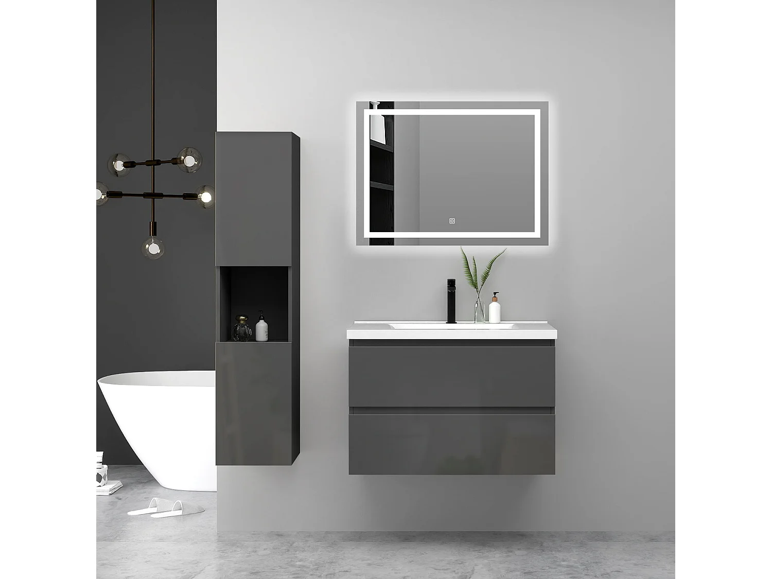 Ensemble Meuble Salle de Bain Suspendu 80cm Anthracite Brillant avec 2 Tiroirs à Fermeture Automatique + Miroir Tricolore + Simple Lavabo Céramique + Colonne