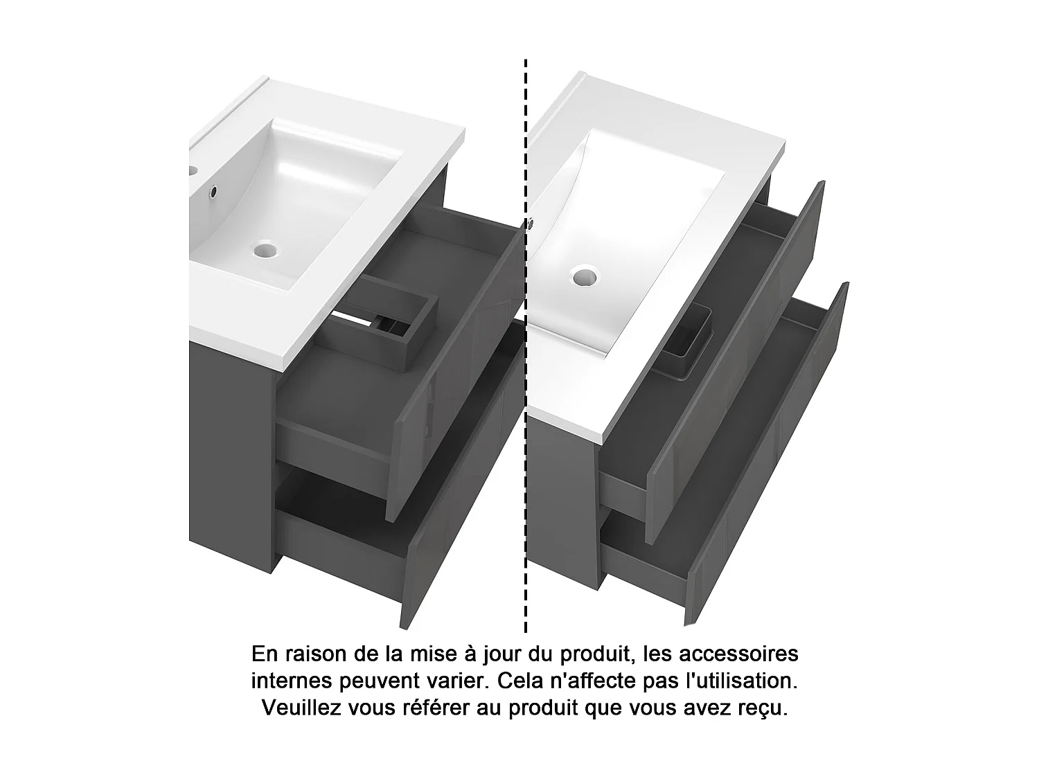 Ensemble Meuble Salle de Bain Suspendu 80cm Anthracite Brillant avec 2 Tiroirs à Fermeture Automatique + Miroir Tricolore + Simple Lavabo Céramique + Colonne