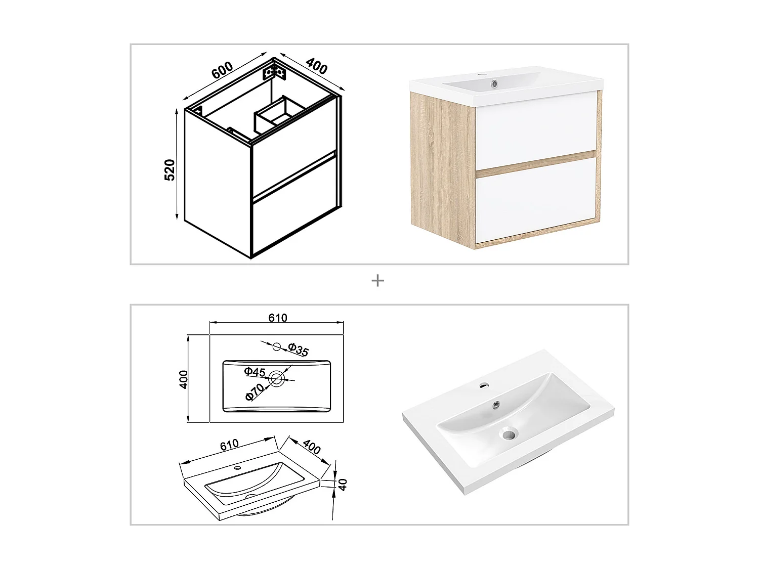 AICA Ensemble Meuble Salle de Bain Suspendu 60cm, Blanc + Chêne, Meuble 2 tiroirs + Vasque + Miroir LED + 2 Colonne haute