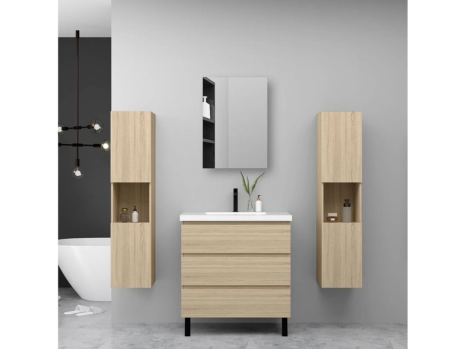 Ensemble meuble chêne et vasque L.80cm 3 tiroirs avec fermeture amortie + 2*colonne haute + Armoire salle de bain avec miroir