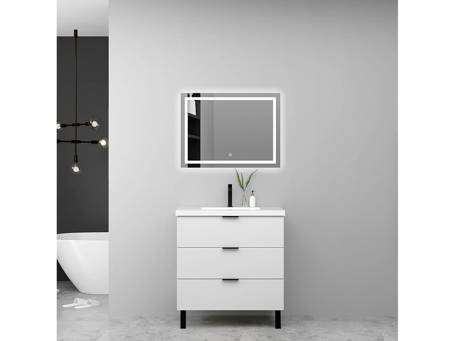 Meuble de salle de bain avec lavabo, 80cm, 3 tiroirs avec fermeture amortie + miroir LED, meuble blanc