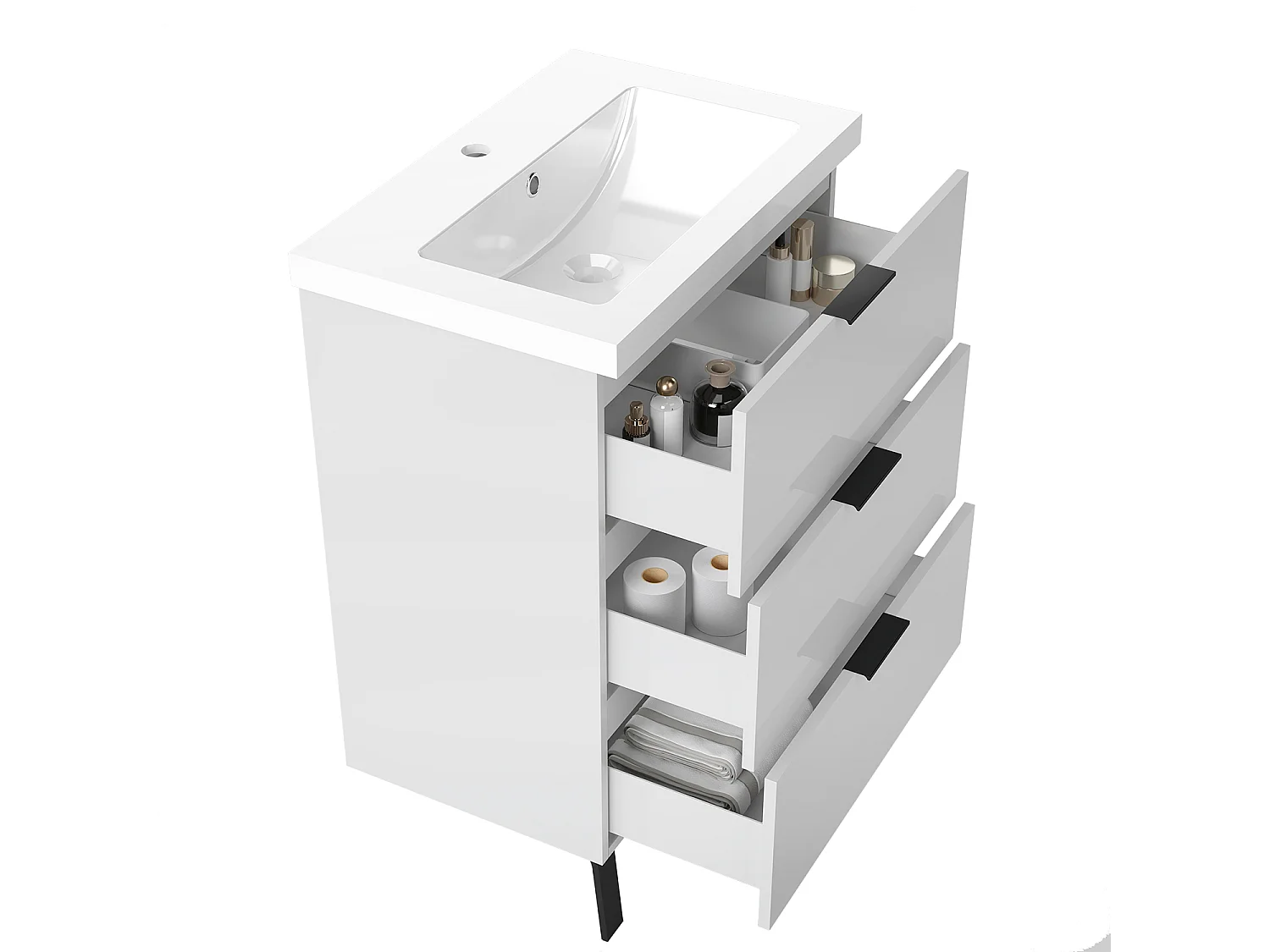 Ensemble meuble blanc et lavabo L.60cm 3 tiroirs + 2*colonne haute + miroir LED