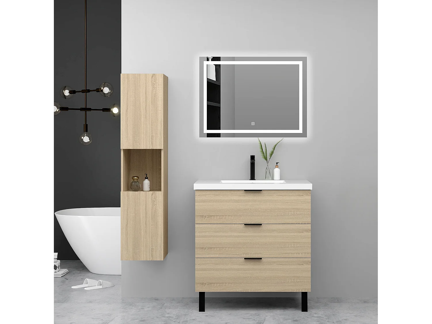 Ensemble meuble chêne et lavabo L.60cm 3 tiroirs avec fermeture amortie + colonne haute + miroir LED