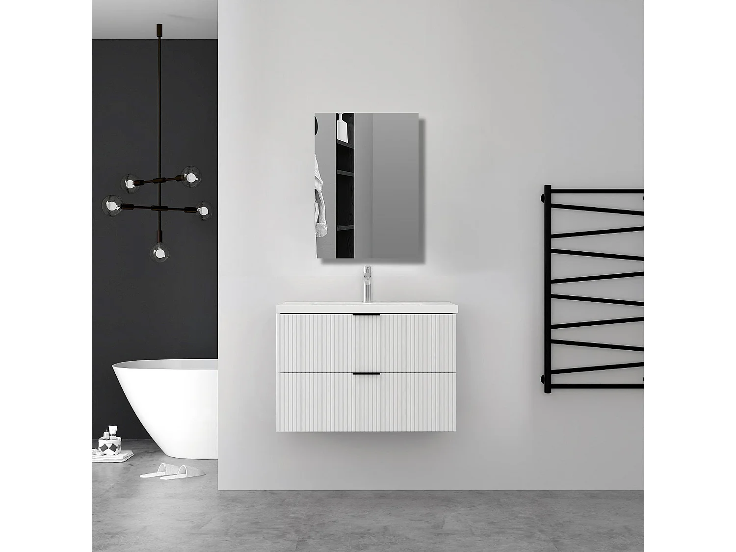 Aica Meuble de salle de bain suspendu 100 cm Blanc + 2 tiroirs, avec Vasque + Armoire salle de bain avec miroir