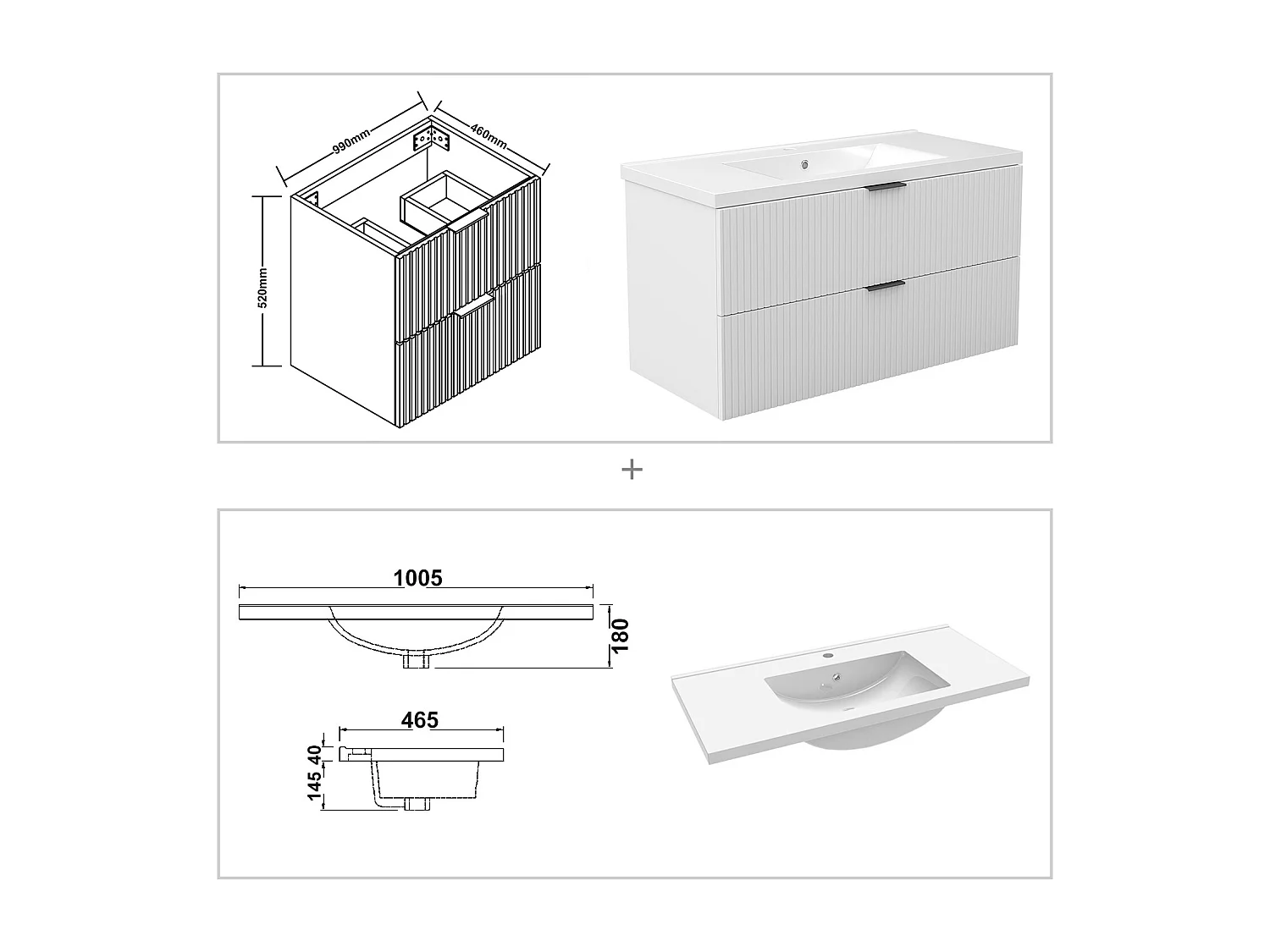 Aica Meuble de salle de bain suspendu 100 cm Blanc + 2 tiroirs, avec Vasque + Armoire salle de bain avec miroir
