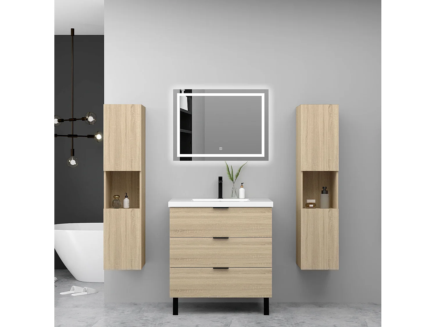 Ensemble meuble chêne et lavabo L.80cm 3 tiroirs avec fermeture amortie + 2*colonne haute + miroir LED