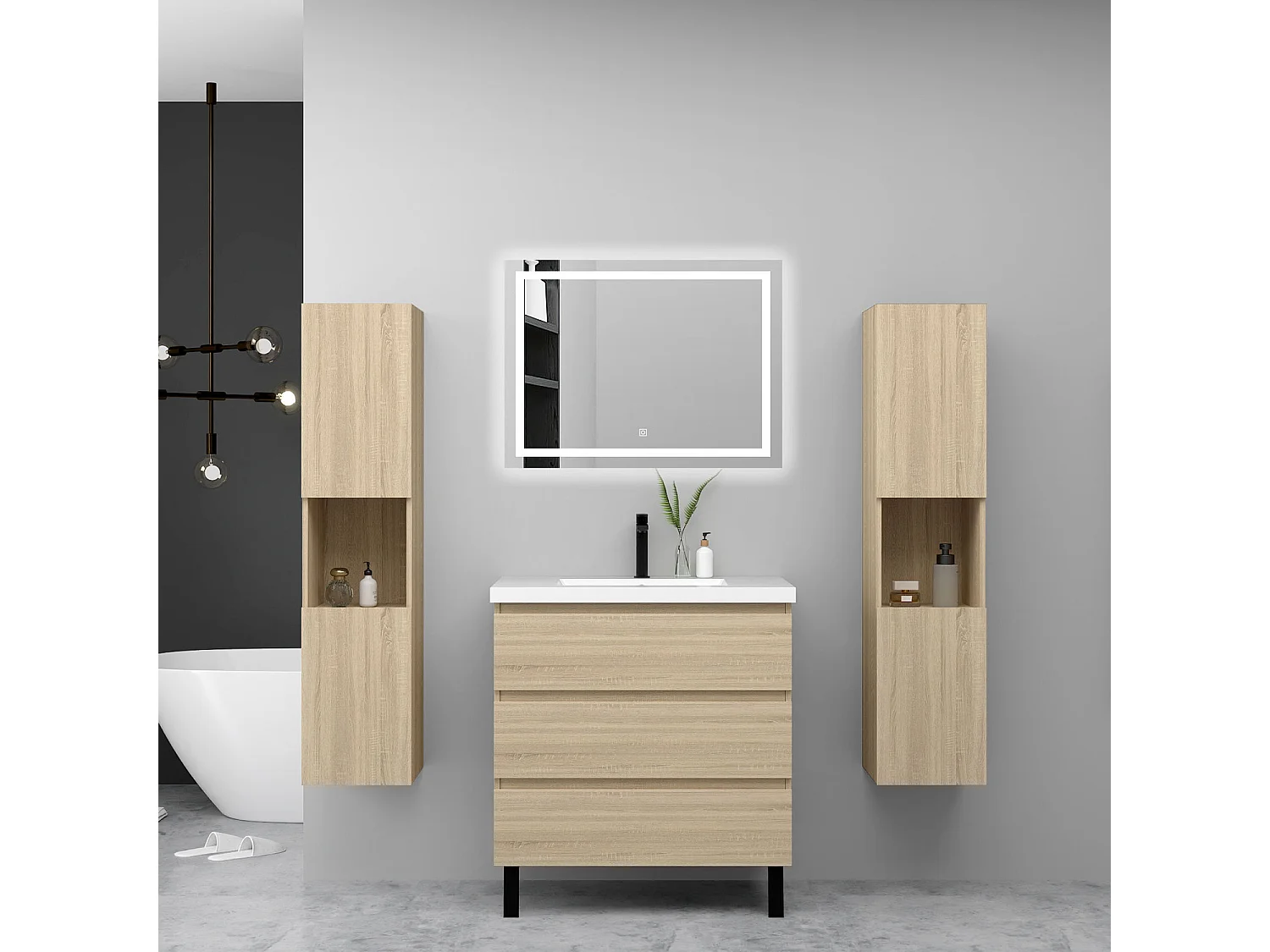Ensemble meuble chêne et vasque L.80cm 3 tiroirs avec fermeture amortie + 2*colonne haute + miroir LED
