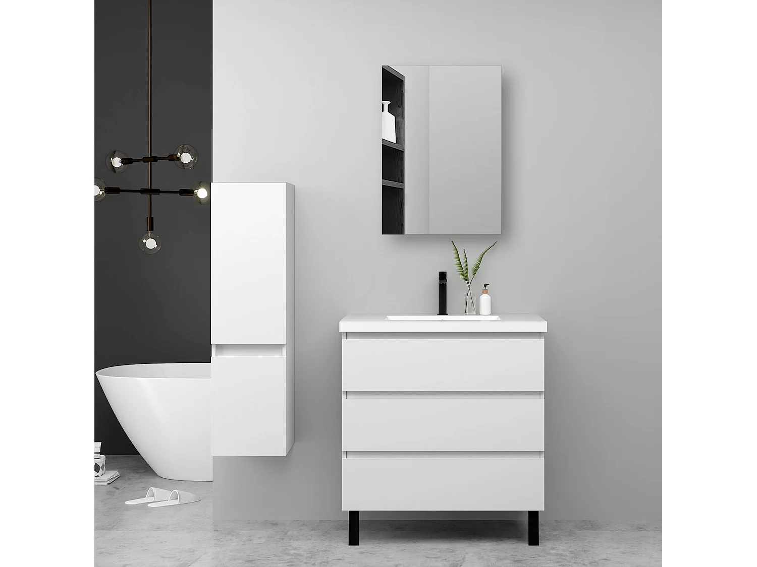 Ensemble meuble blanc et vasque L.60cm 3 tiroirs + colonne haute + Armoire salle de bain avec miroir