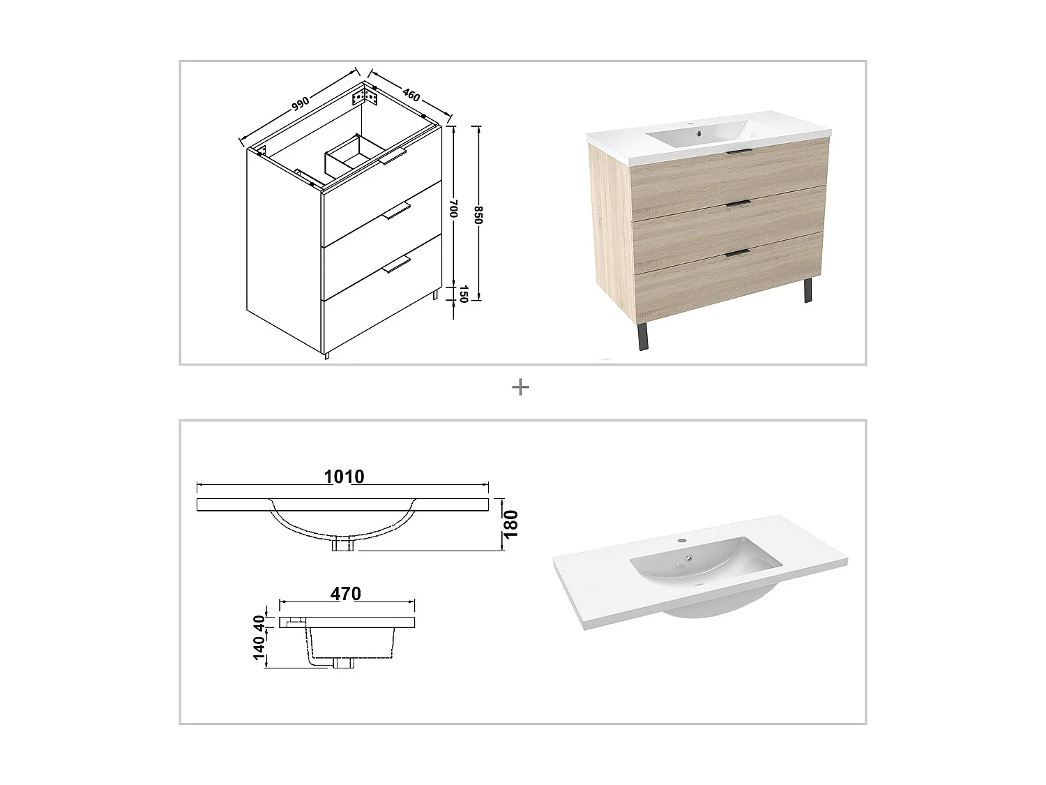 Ensemble meuble chêne et lavabo L.100cm 3 tiroirs avec fermeture amortie + 2*colonne haute + miroir LED