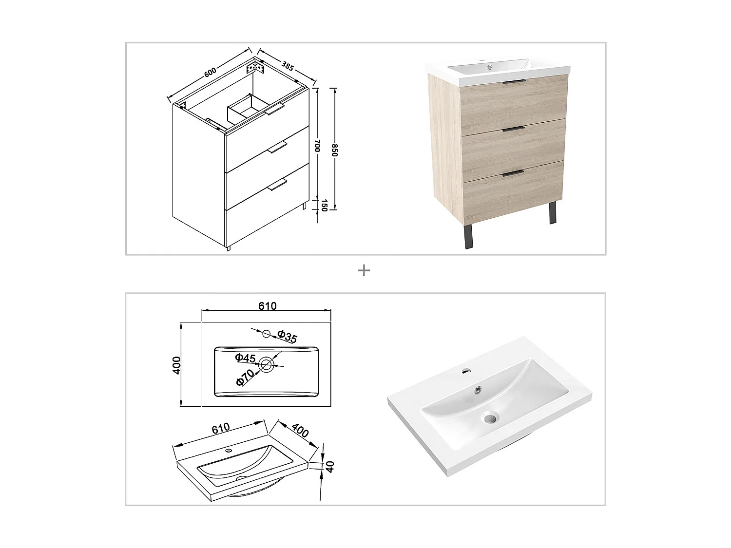 Ensemble meuble chêne et lavabo L.60cm 3 tiroirs + colonne haute + miroir LED