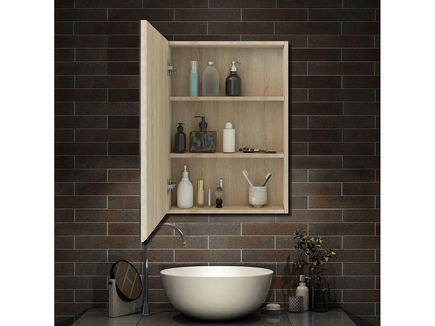 Ensemble meuble chêne et vasque L.60cm 3 tiroirs + colonne haute + Armoire salle de bain avec miroir