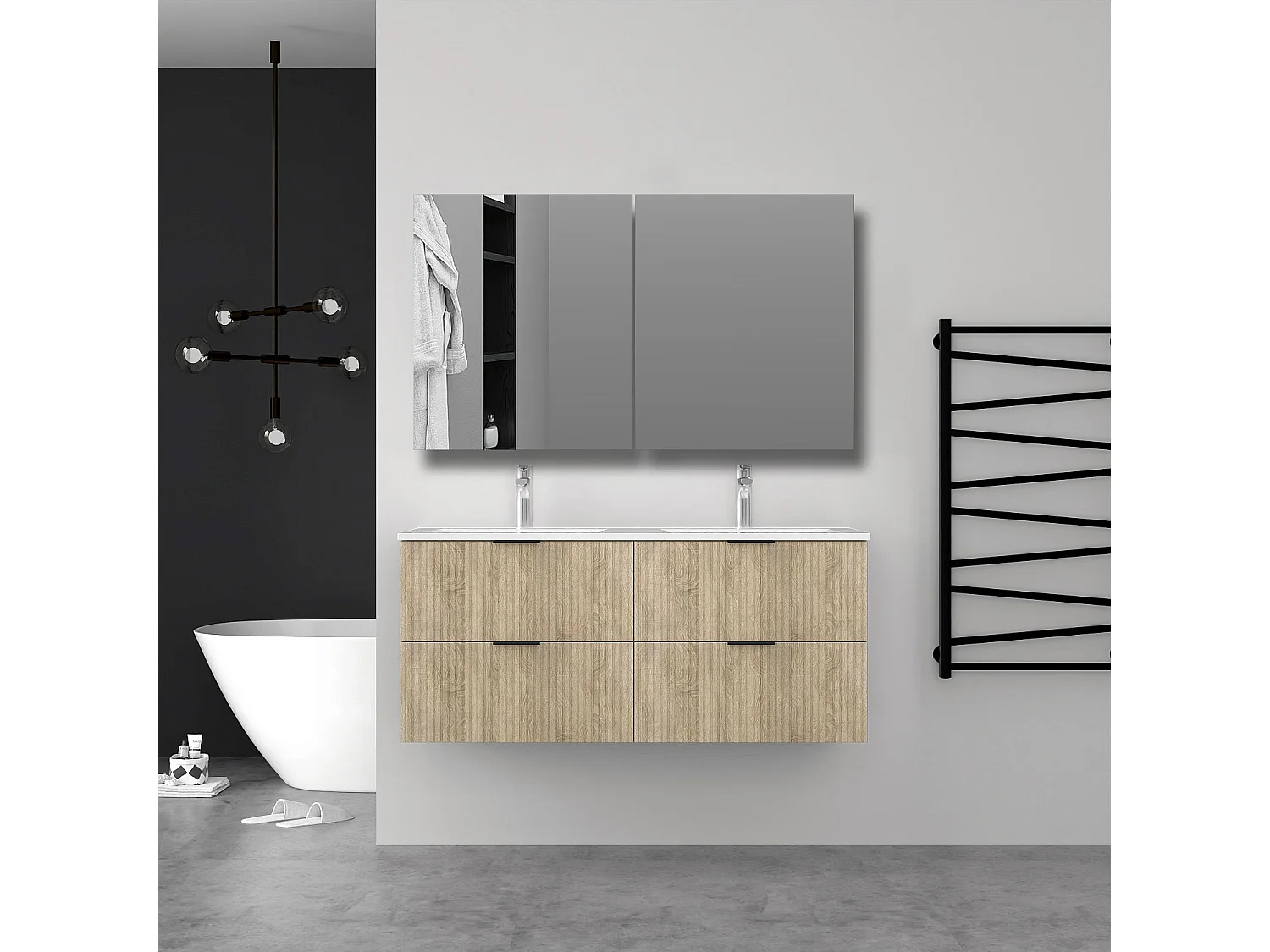Aica Meuble de salle de bain suspendu 120 cm Chêne + 4 tiroirs, avec Vasque + Armoire salle de bain avec miroir