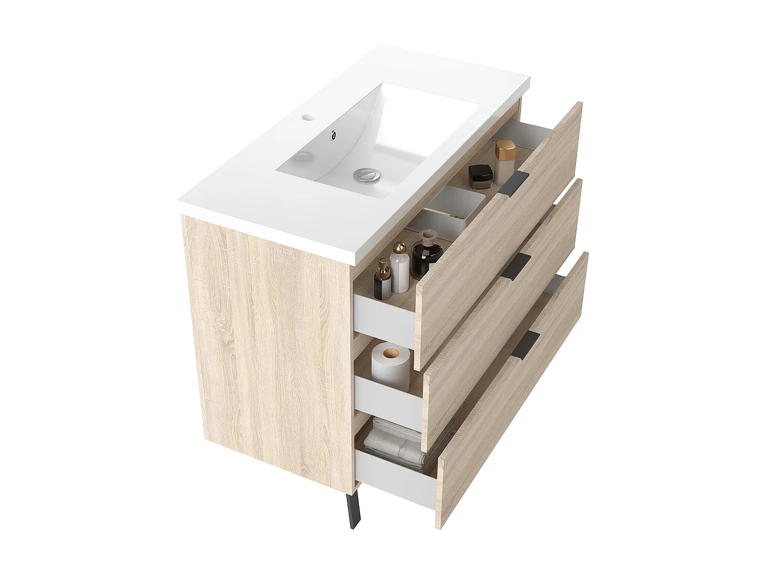 Meuble de salle de bain avec lavabo, 100cm, 3 tiroirs avec fermeture amortie + Armoire salle de bain avec miroir, meuble chêne